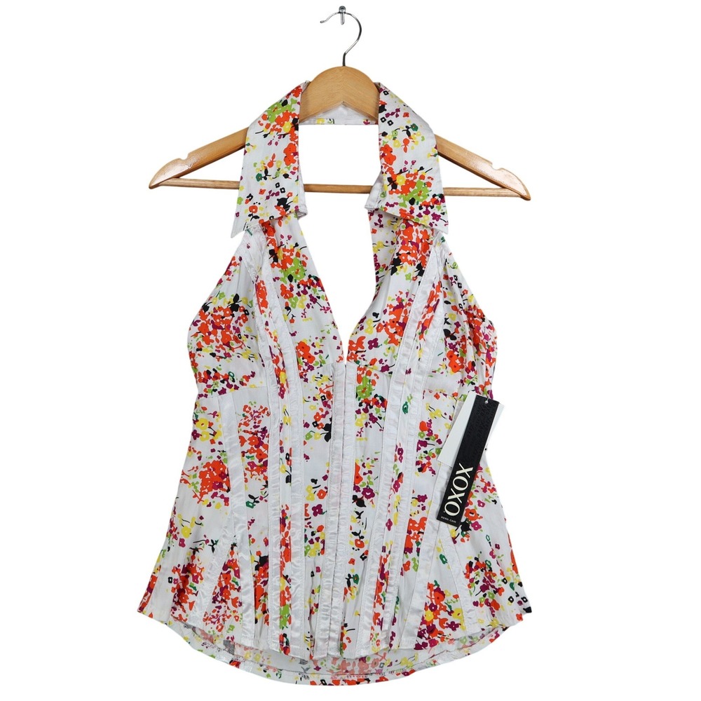 XOXO Halter Top Womens Medium Y2K White Floral Cotton Pleated Smocked NWT